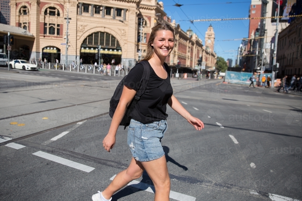 Happy Times Walking in Downtown Melbourne - Australian Stock Image