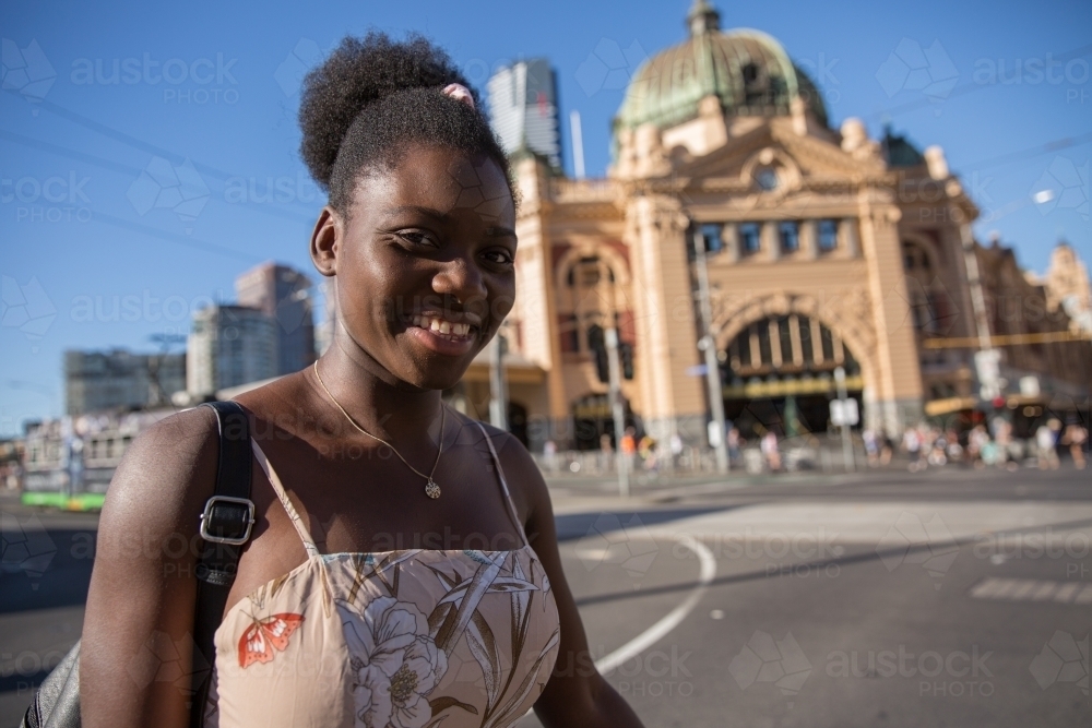 Happy Young Woman Exploring Melbourne - Australian Stock Image