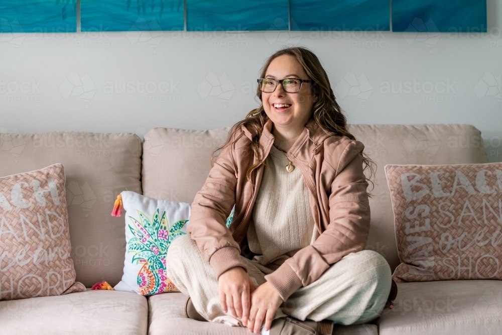 happy young woman with down syndrome - Australian Stock Image