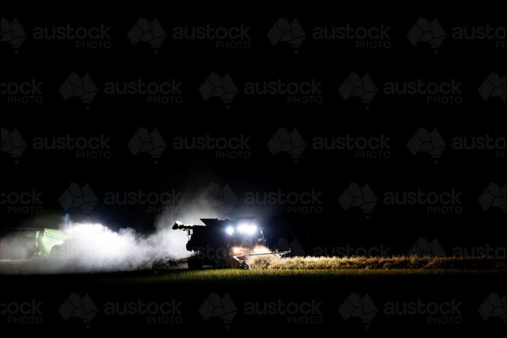 Harvester harvesting canola crop at night with chaser bin on farm - Australian Stock Image