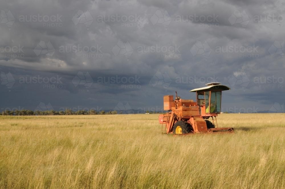 Harvester in a paddock before a storm - Australian Stock Image