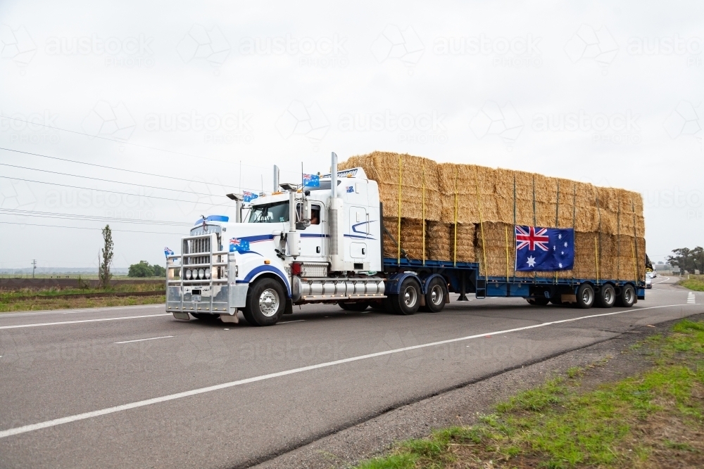 Image of Hay in road train being transported across Australia to aid