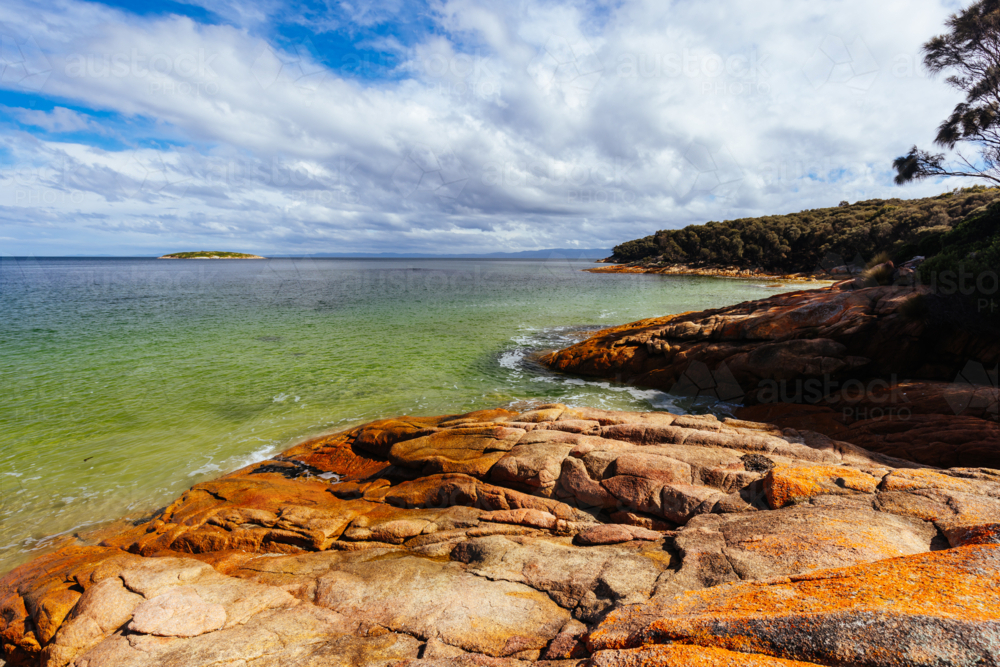 Hazards Beach during a warm spring day on the west side of the Freycinet Peninsula - Australian Stock Image