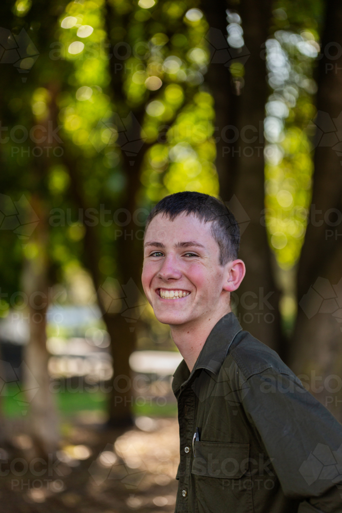 Headshot of young Caucasian Australian teen young man outdoors - Australian Stock Image