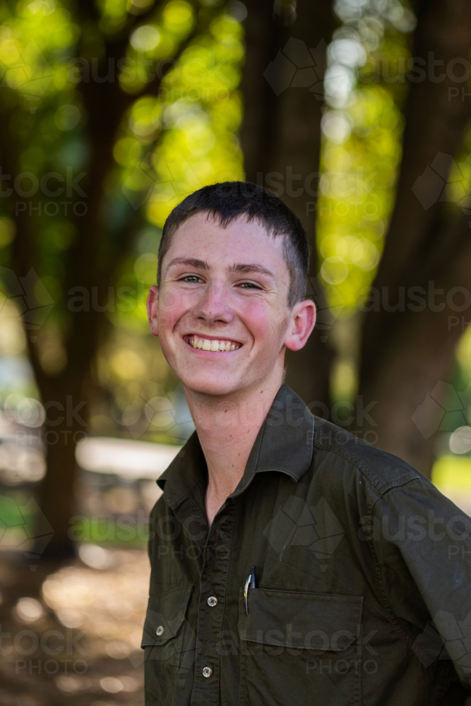 Headshot of young Caucasian Australian teen young man outdoors - Australian Stock Image