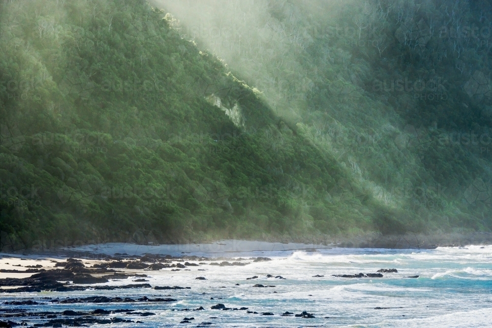 Heavy sea mist rising up a high coastline covered in trees - Australian Stock Image