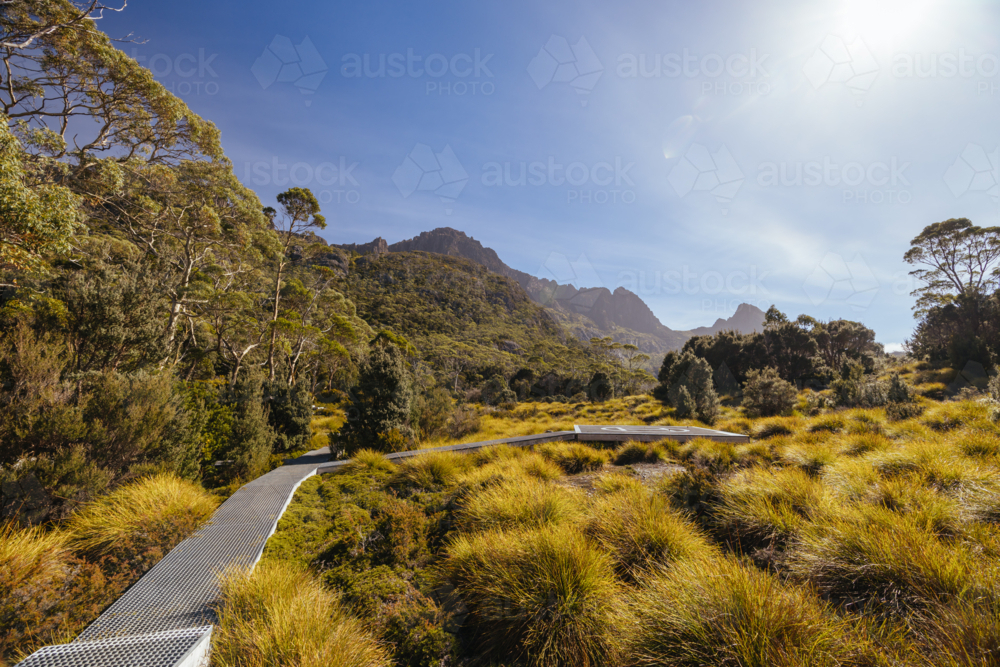 Helicopter pad and campsites at Scott Kilvert Memorial Hut on the Overland Track - Australian Stock Image