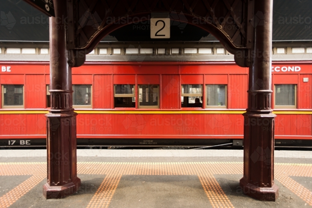 Heritage train carriages at a railway station - Australian Stock Image