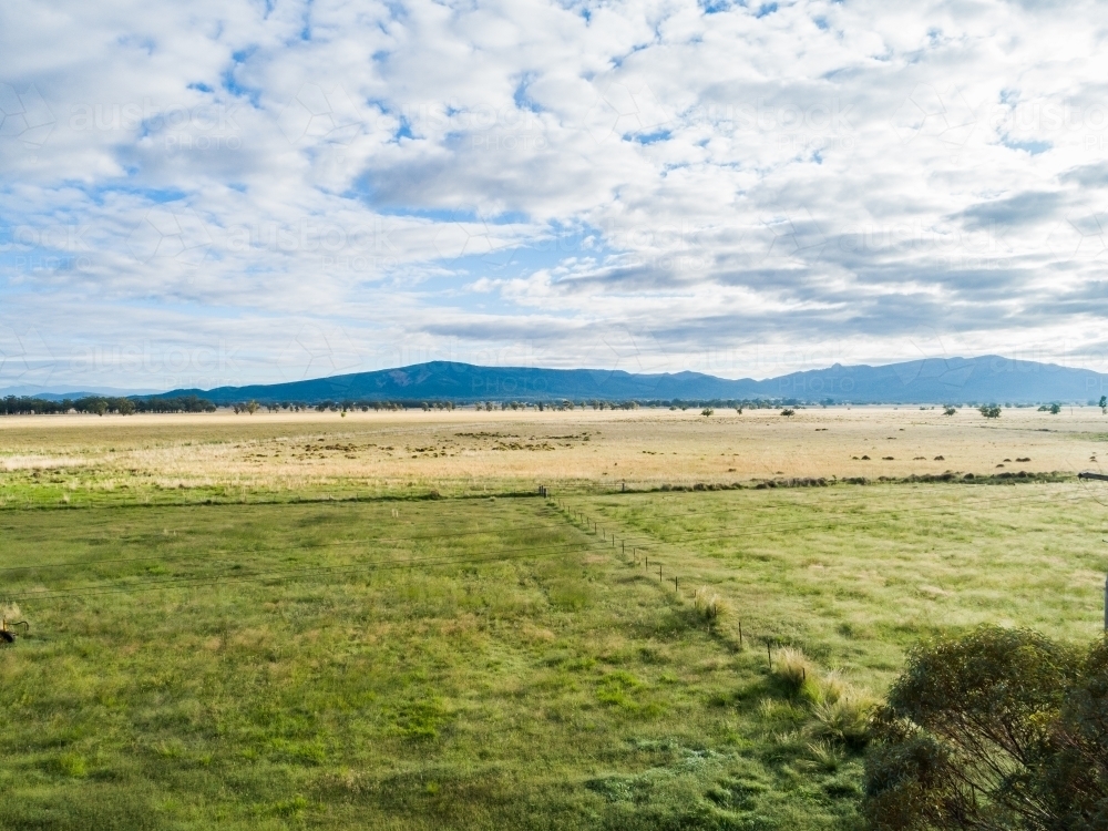 Fram Paddock Image of High angle view of green paddock on pastoral farm - Austockphoto
