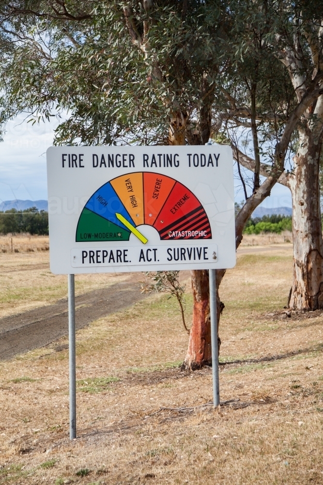 Image of High fire danger rating today sign beside gravel road ...