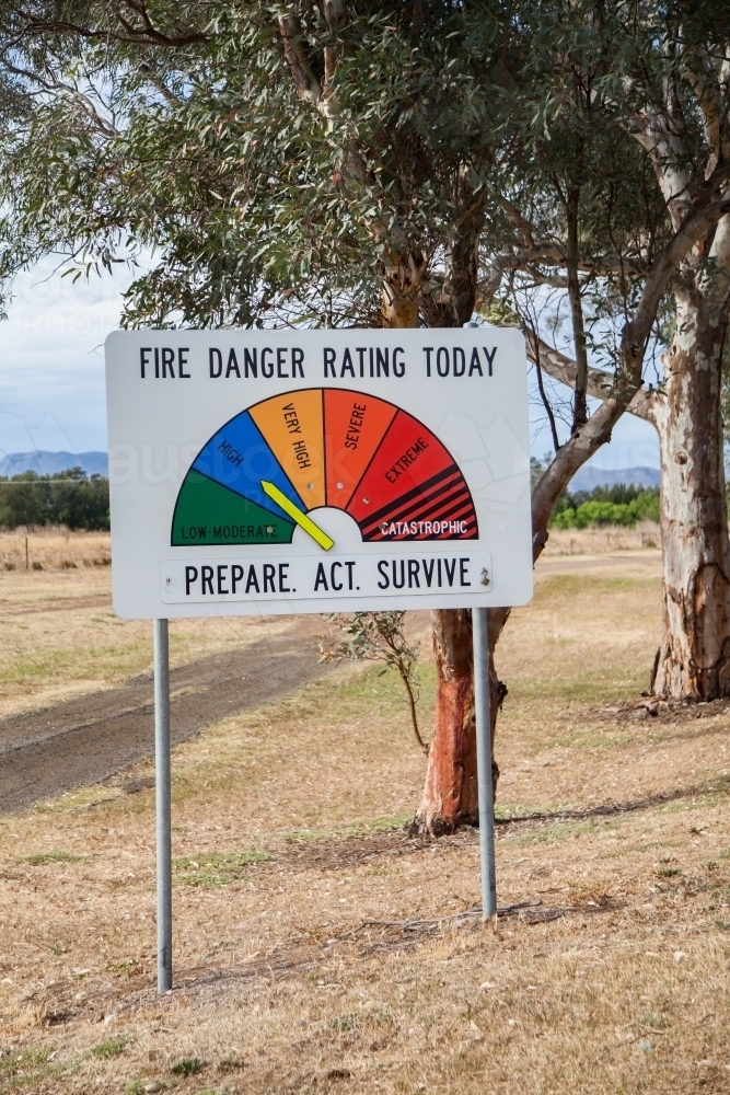 High fire danger rating today sign beside gravel road - Australian Stock Image