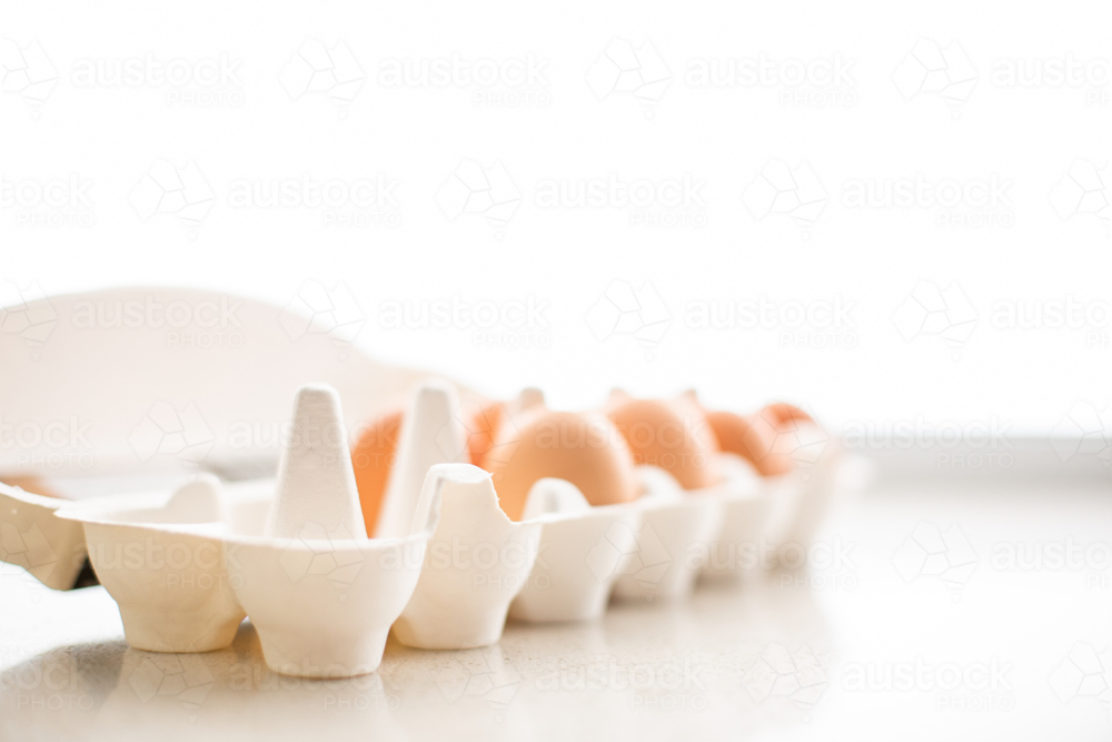 high key photo of eggs in an egg carton - Australian Stock Image
