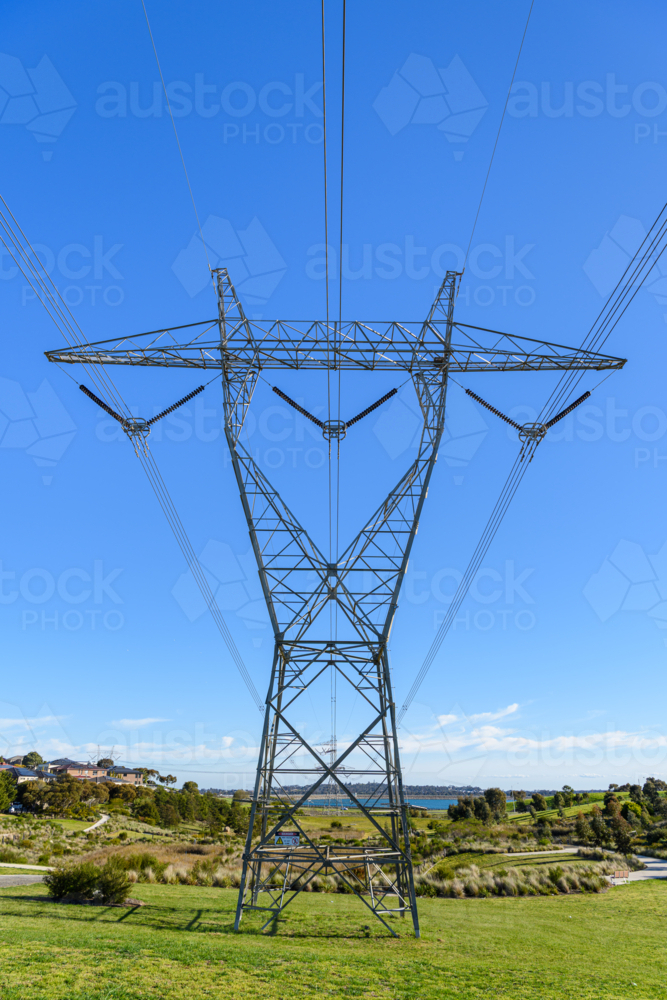 High-voltage Power Lines: Urban Development and Infrastructure - Australian Stock Image