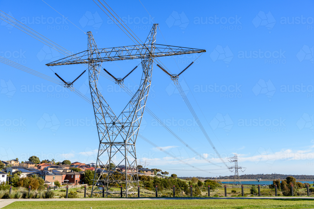 High-voltage Power Lines: Urban Development and Infrastructure - Australian Stock Image