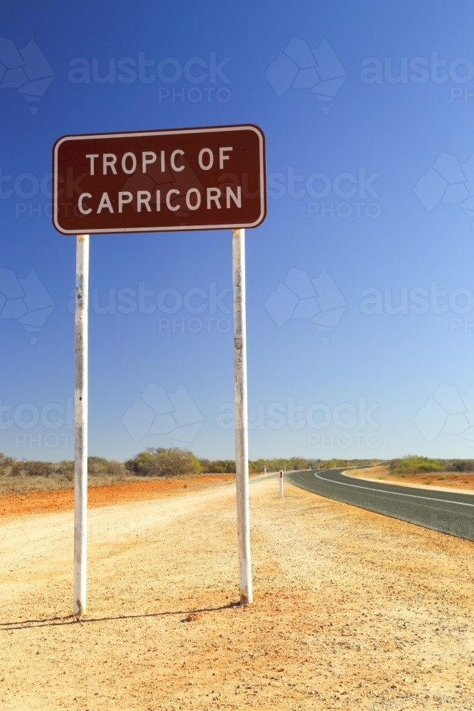 Highway sign marking the Tropic of Capricorn in WA. - Australian Stock Image