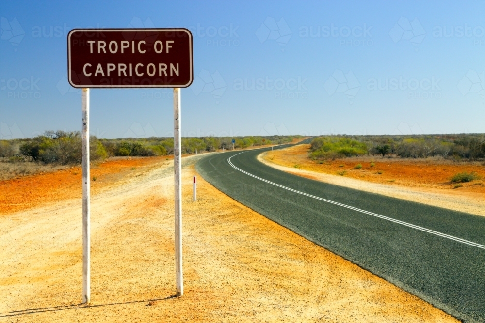 Highway sign marking the Tropic of Capricorn in WA. - Australian Stock Image