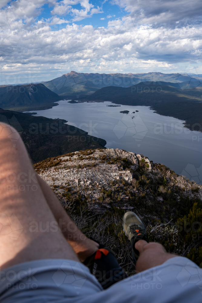 Hiker view on a mountain top in Tasmania - Australian Stock Image