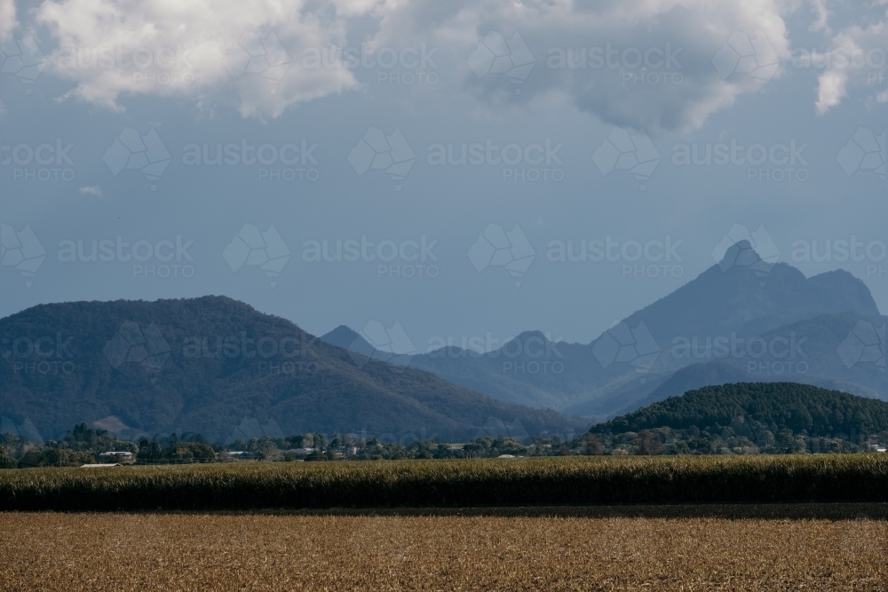 hinterland mountain ranges with farming land. - Australian Stock Image