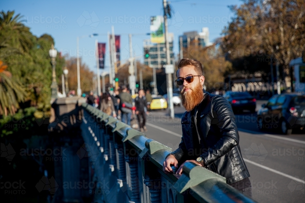 Hipster Man on Princess Bridge Melbourne - Australian Stock Image
