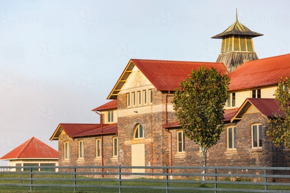Historic Armidale Showground Pavilion on foggy autumn morning - Australian Stock Image