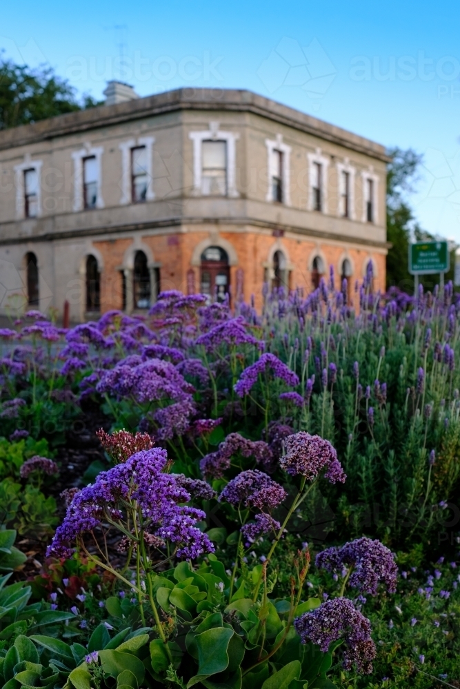 Historic building and flowers in Daylesford - Australian Stock Image