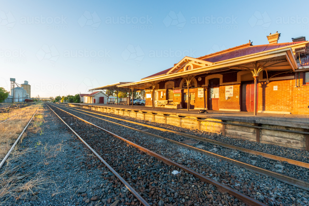 Historic rural railway station at Dimboola in warm early morning light. - Australian Stock Image