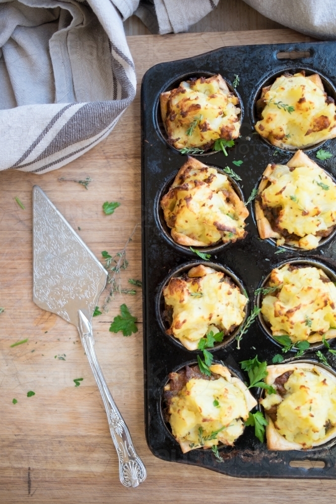 Home made shepherds pies from above. - Australian Stock Image