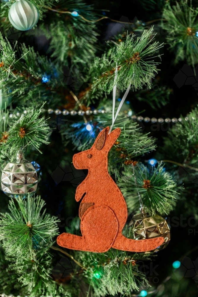 Homemade felt kangaroo hanging on Christmas tree - Australian Stock Image