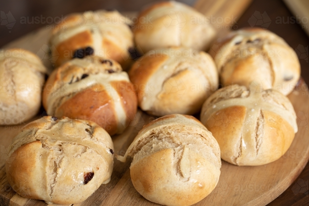 homemade hot cross buns fresh out of the oven - Australian Stock Image