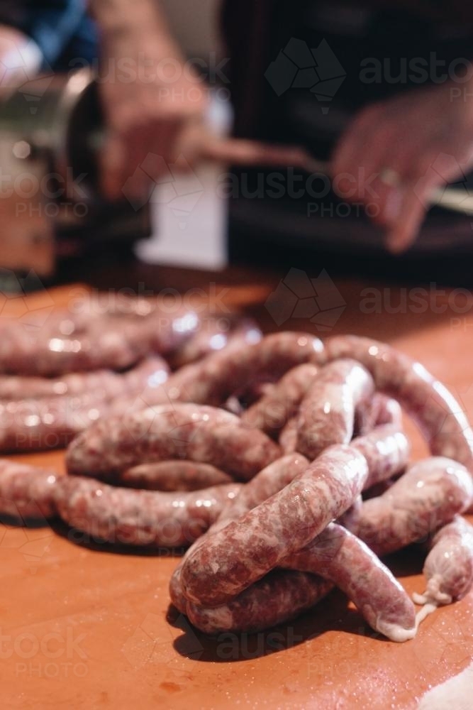 homemade sausage making - Australian Stock Image