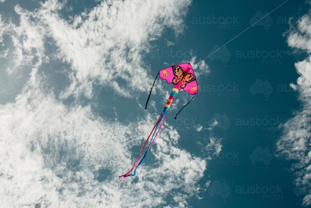 Horizontal shot of a kite flying in the blue sky. - Australian Stock Image