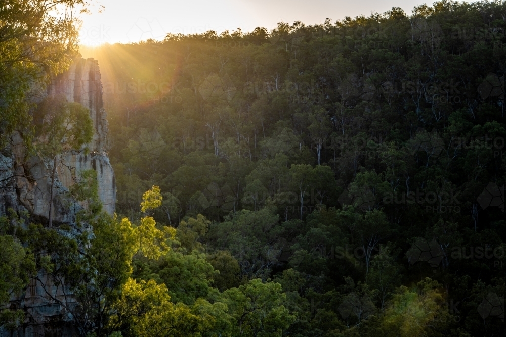 Horizontal shot of a morning sunrise on a mountain peak - Australian Stock Image