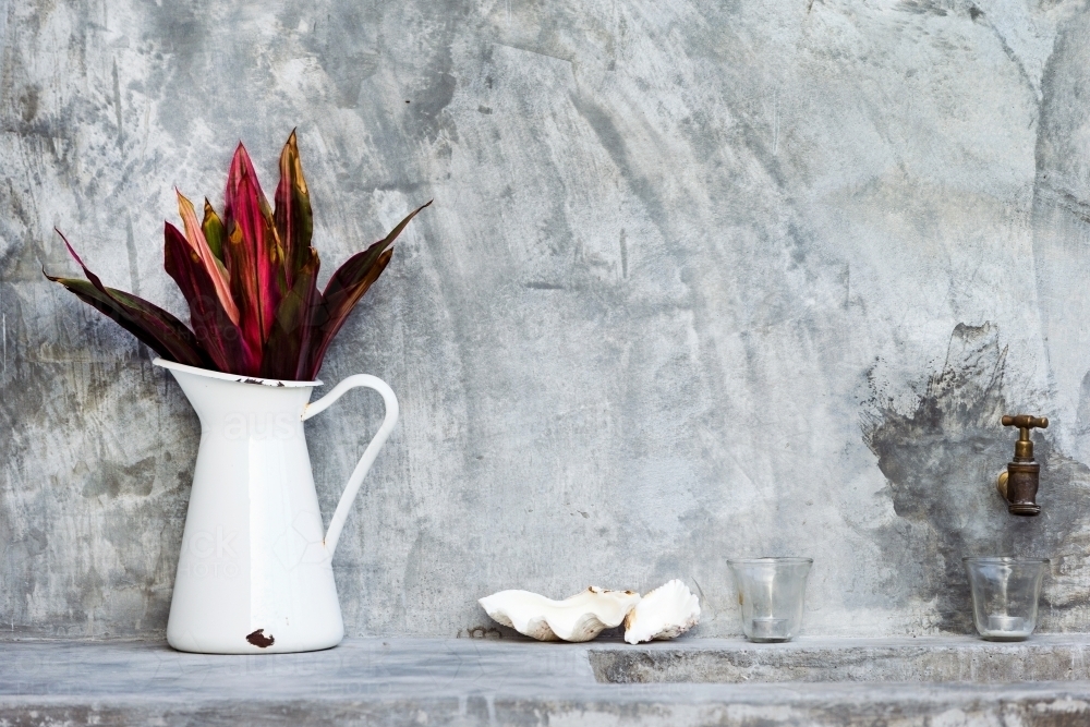 Horizontal shot of a red plant with long leaves in a white vase with shell, and faucet - Australian Stock Image