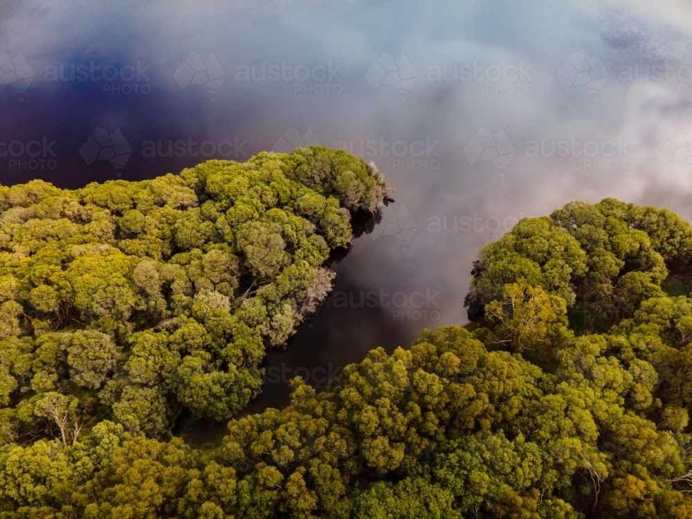 horizontal shot of a river with sky reflection and an island with green trees and bushes - Australian Stock Image