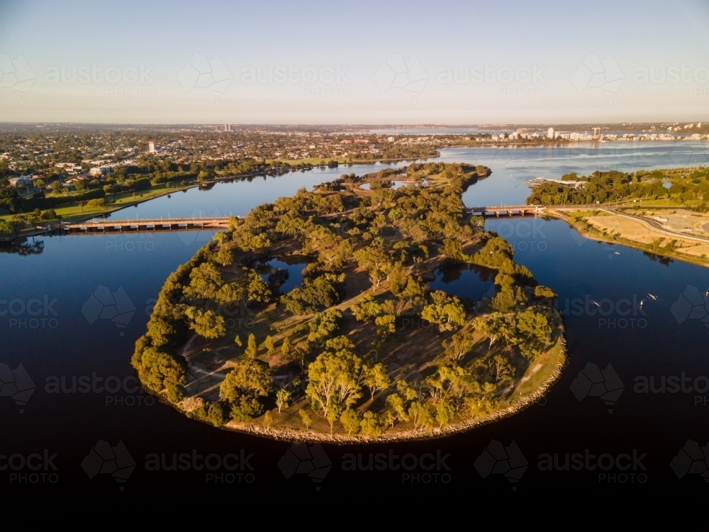 Heirisson Island in the Swan River, connected to two foreshores  by The Causeway - Australian Stock Image