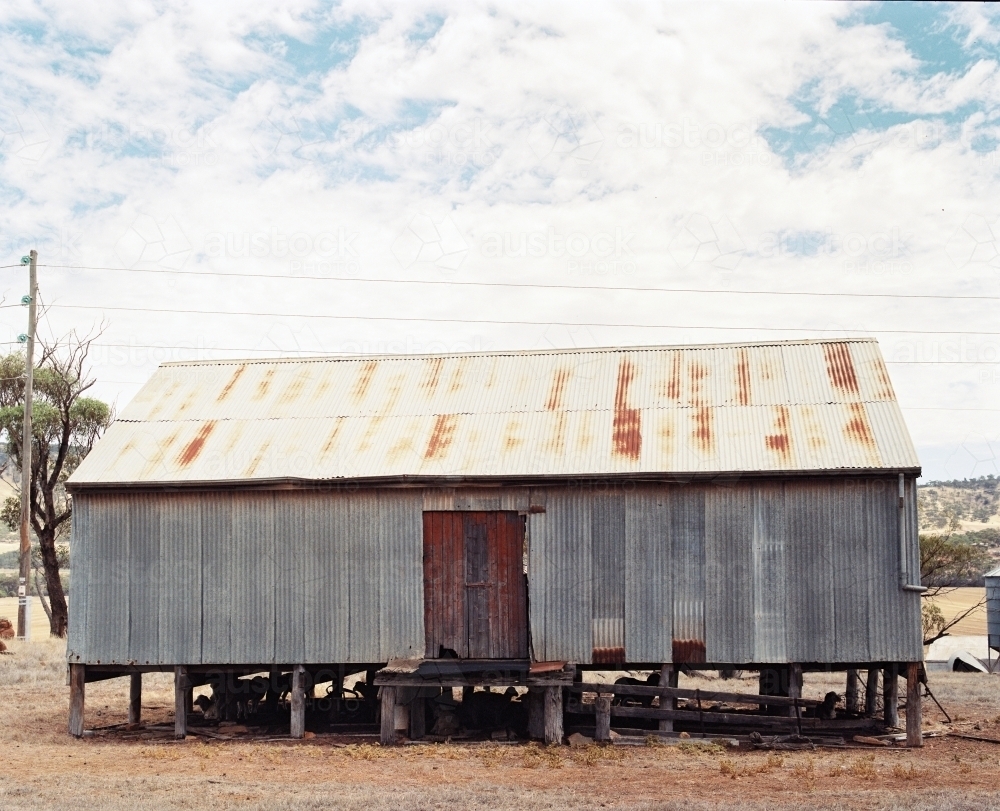 Horizontal shot of an old corrugated iron shed - Australian Stock Image