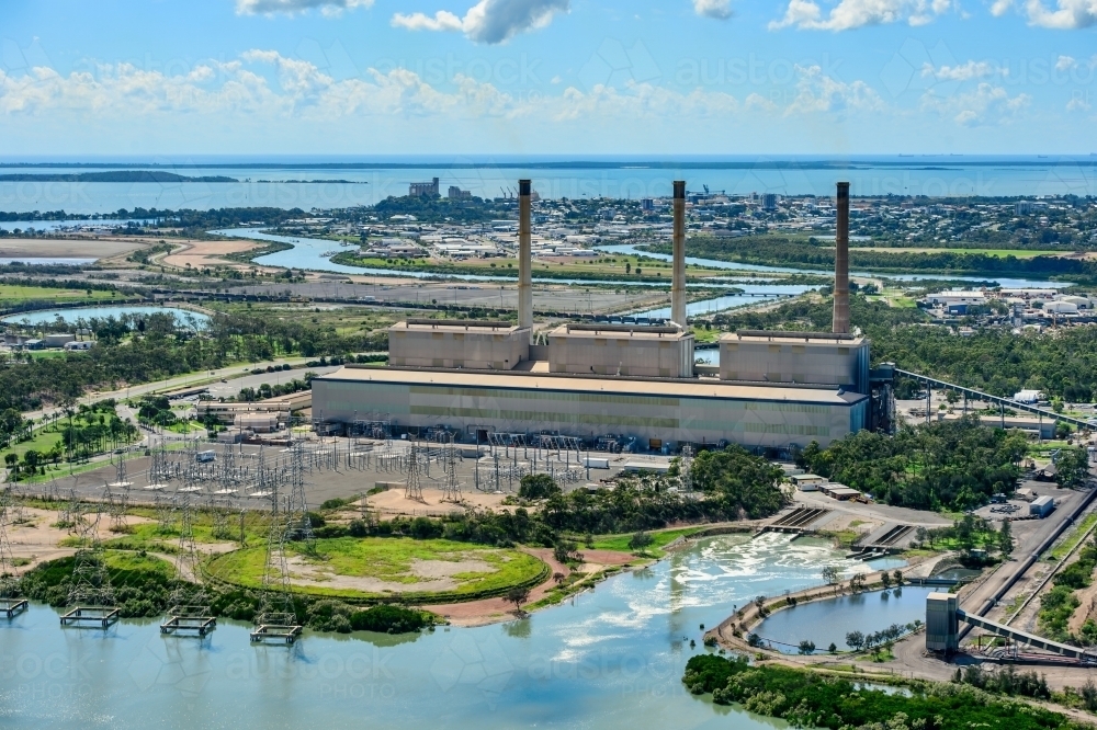 Horizontal shot of Coal fired power station in Gladstone, Queensland - Australian Stock Image