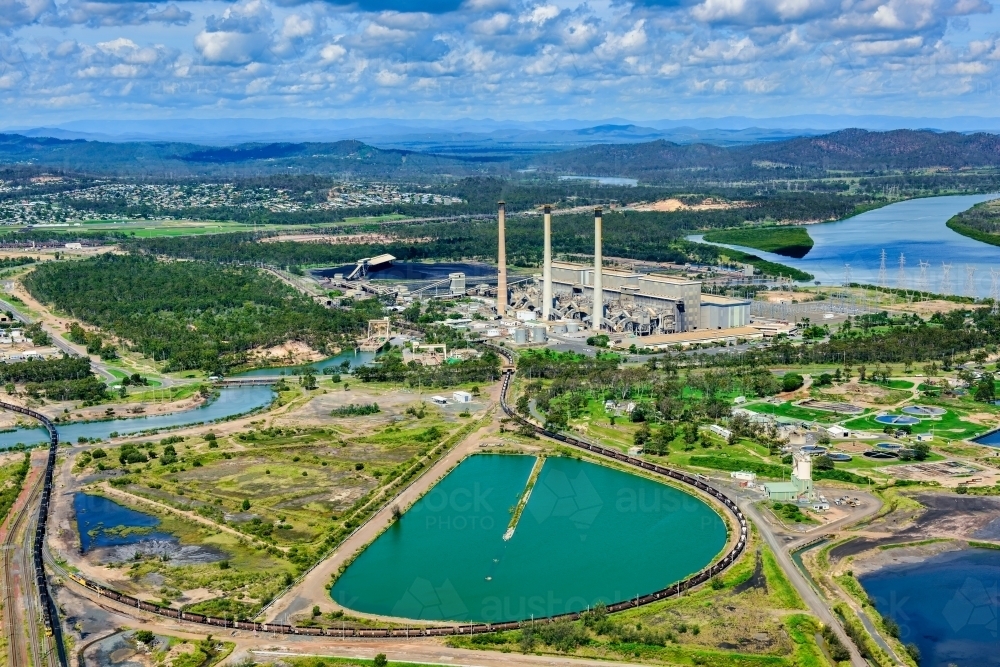 Horizontal shot of coal fired power station in Gladstone, Queensland - Australian Stock Image