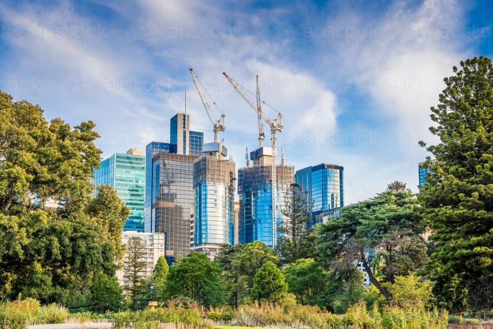 Horizontal shot of parks and modern urban architecture - Australian Stock Image