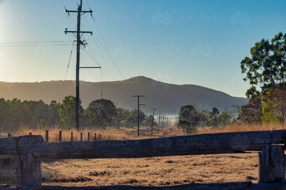 Horizontal shot of power lines in Mount Morgan - Australian Stock Image