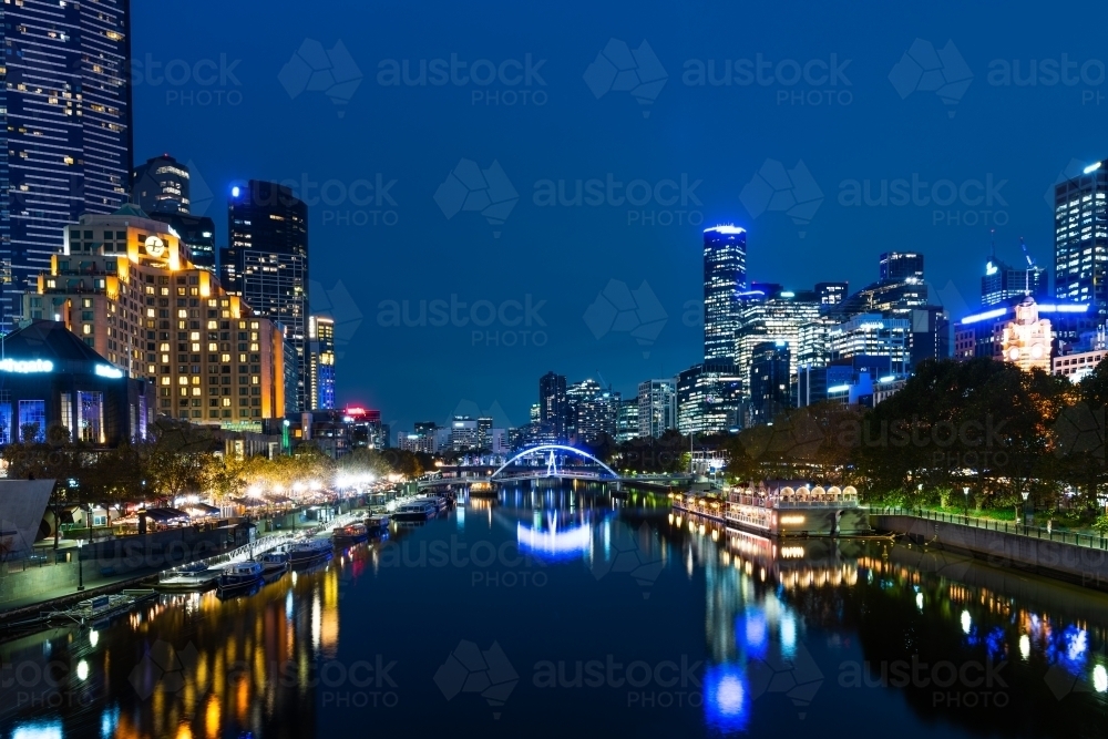 Horizontal shot of Yarra river and city buildings in the evening - Australian Stock Image