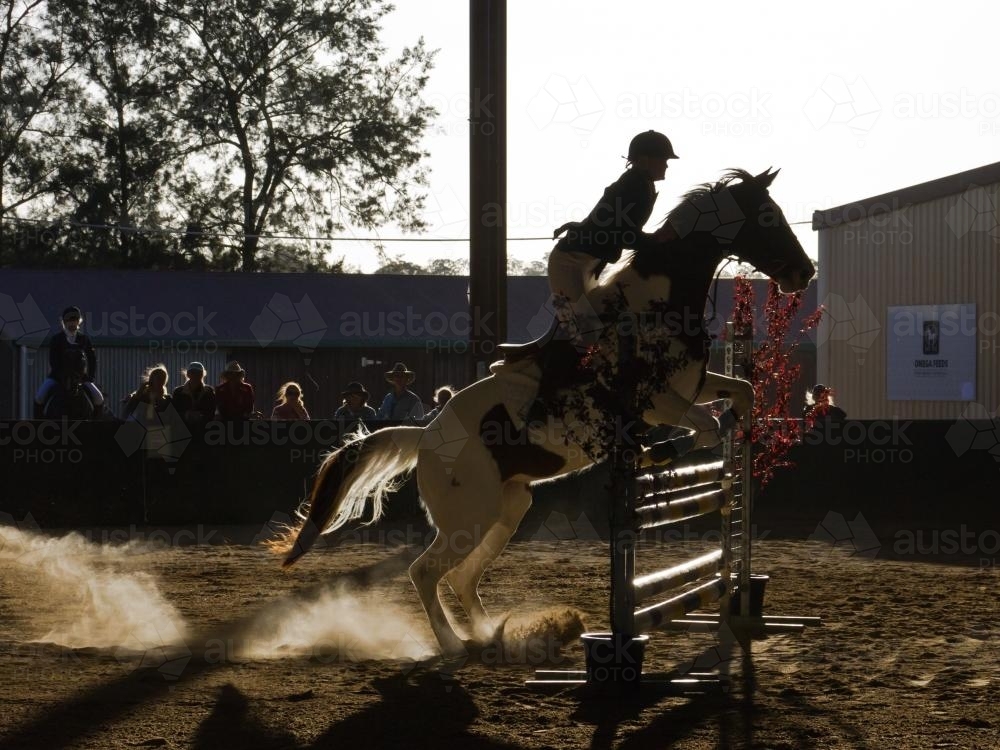 Horse and rider negotiating a jump - Australian Stock Image