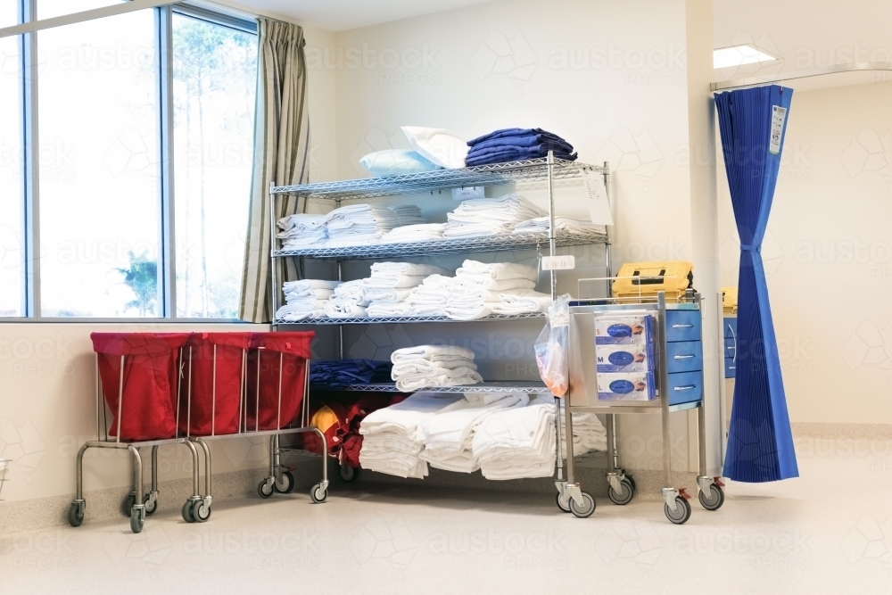 Hospital corner where linen is stocked on shelf. - Australian Stock Image
