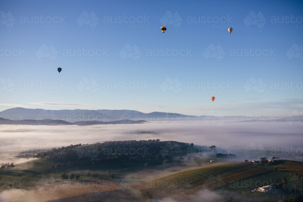 Hot Air Balloons above misty valley - Australian Stock Image