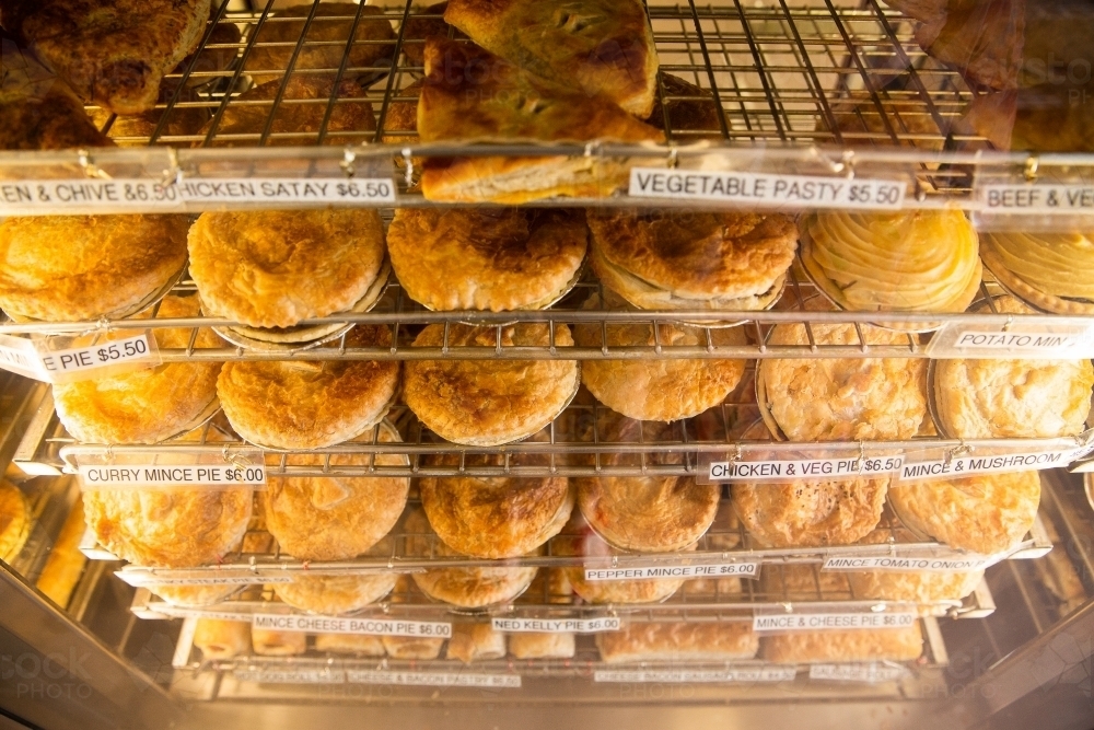 hot pie display at a local bakery - Australian Stock Image
