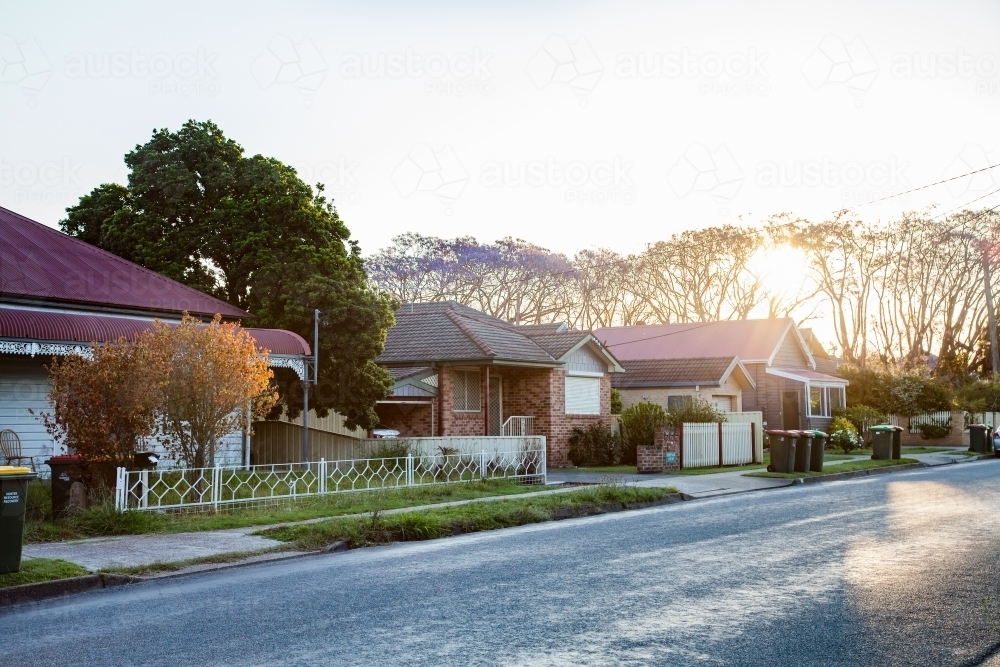 Houses along street with bins out in afternoon light - Australian Stock Image