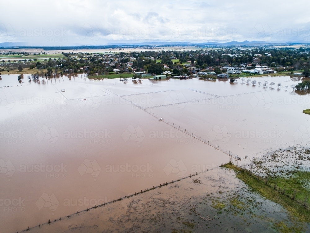 Hunter river during flood with floodwater covering farmland in Singleton - Australian Stock Image