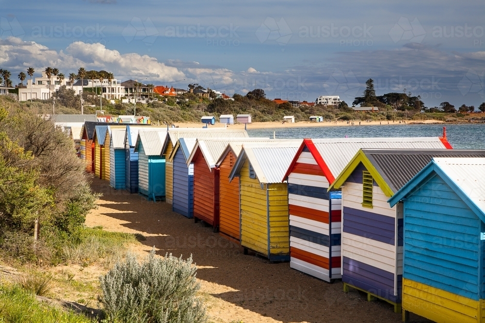 Iconic bathing boxes at Brighton Beach - Australian Stock Image