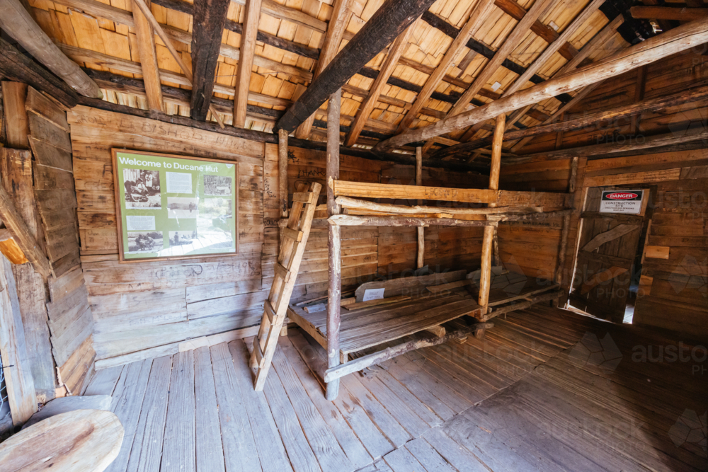 Iconic Du Cain Hut built by Patrick Joseph ‘Paddy’ Hartnett on the Overland Track - Australian Stock Image
