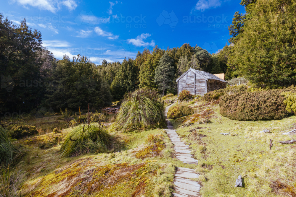 Iconic Du Cane Hut built by Patrick Joseph ‘Paddy’ Hartnett on the Overland Track - Australian Stock Image